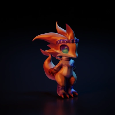 Cartoon dragon-like character, large blue eyes.