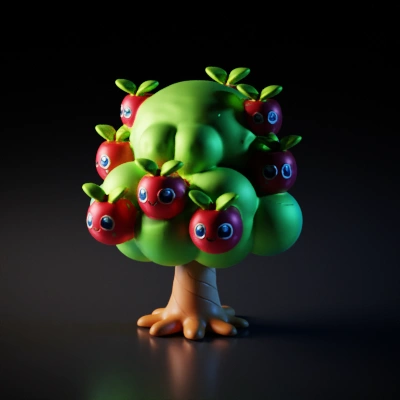 Tree with cartoon smiley apples.