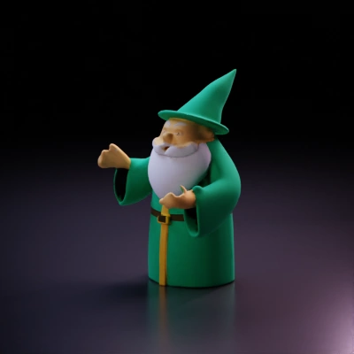 Wizard with robe and hat, cartoon style character.
