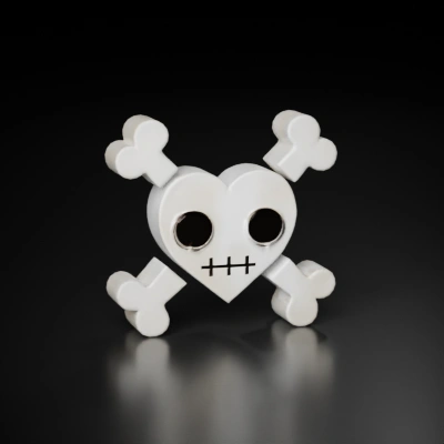 Heart-shaped skull and crossbones with stitched mouth.