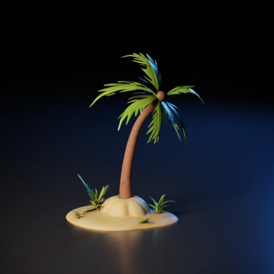 Two cartoon palm trees on sand island.