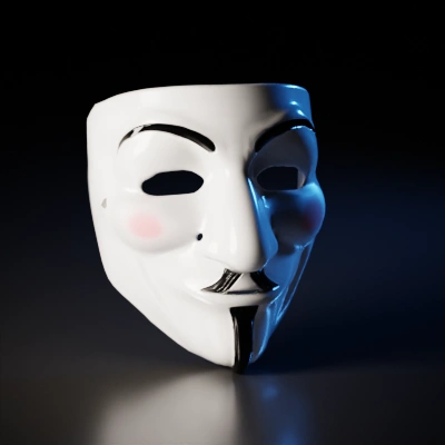 Guy Fawkes mask, smiling face, stylized mustache, goatee.