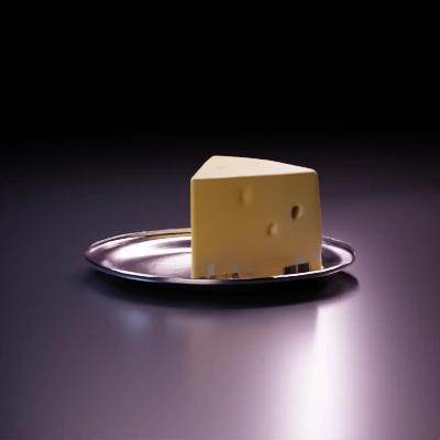 Triangle-shaped cheese slice with holes.