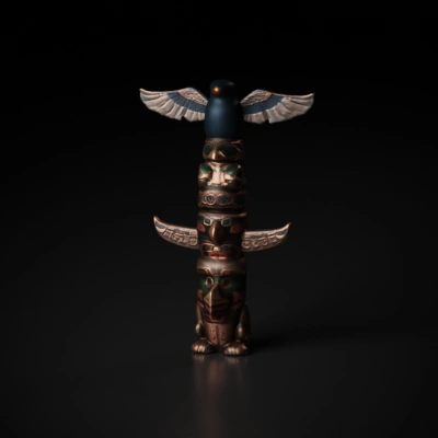 Totem pole with intricate carvings, bird on top.