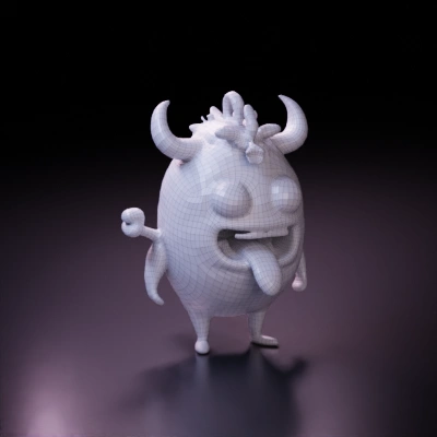 Furry monster with horns, three eyes, sticking tongue out.