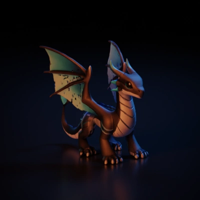 Cartoon dragon with wings, blue accents.