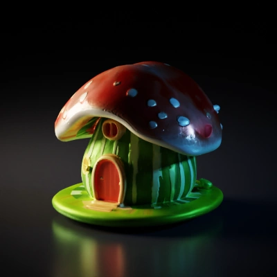 Mushroom-shaped house, whimsical design, fairy tale theme.