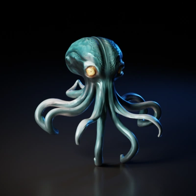 Futuristic octopus with exaggerated tentacles, glowing eyes.
