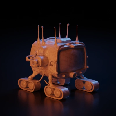 Dog-headed robot with screen, mechanical legs, and gears.