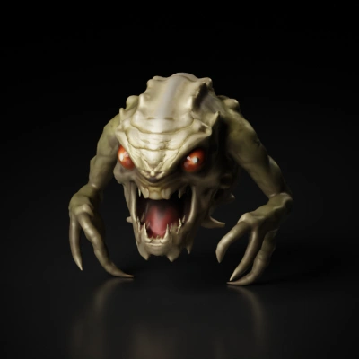 Terrifying monster with glowing red eyes, sharp teeth.