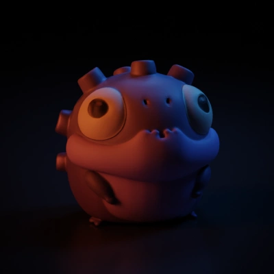Cartoonish creature, big eyes, tiny limbs.