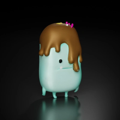 Blob-like character with melted chocolate topping and sprinkles.