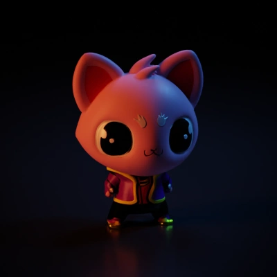 Cartoonish cat character with oversized eyes, vibrant outfit.