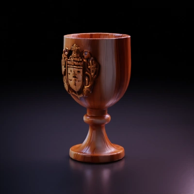 Ornate wooden goblet with embossed design.