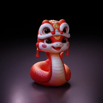 cute snake in traditional lion dance costume.