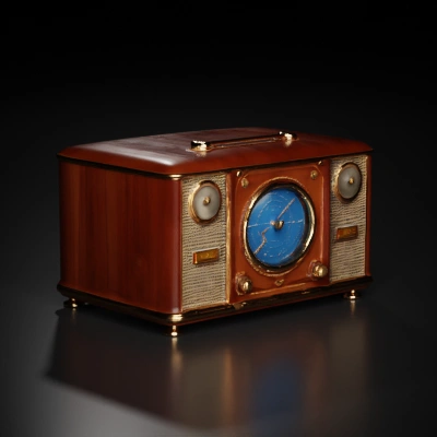 Retro-style radio with central circular dial, two side speakers.