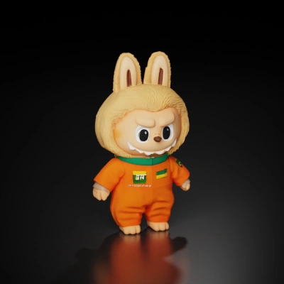 cartoon mascot in orange jumpsuit with bunny ears.