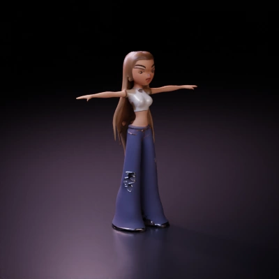 T-pose female character, long hair, wide pants, and cropped top.