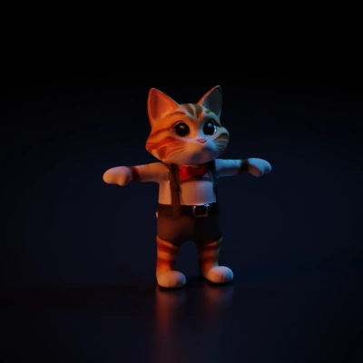 Cartoon cat character in T POSE with big head bow tie, suspenders, overalls.