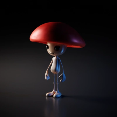 Mushroom-headed humanoid character, cartoon-style, tiny mouth.