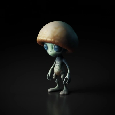 Alien creature with mushroom-like cap, big eyes, humanoid form, two legs.