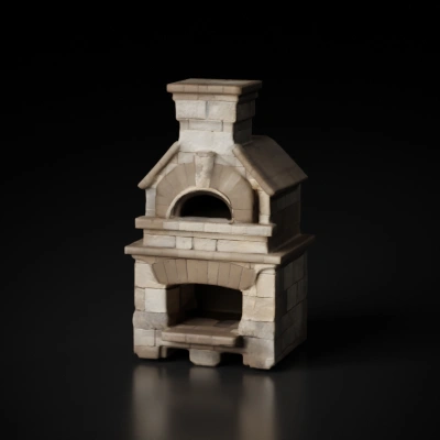Outdoor stone fireplace, brick oven, detailed.