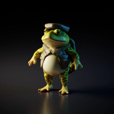 Cartoon frog soldier with military gear, amphibian-themed.