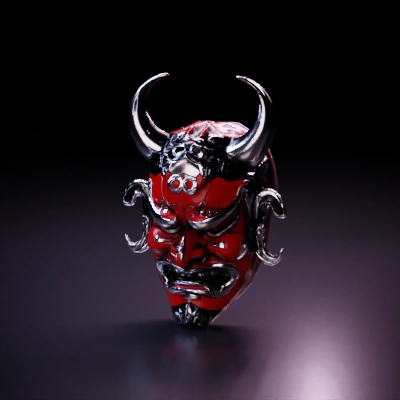 Oni mask with intricate details, menacing expression.