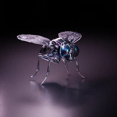 Metallic robotic insect with circuit pattern, realistic wings.