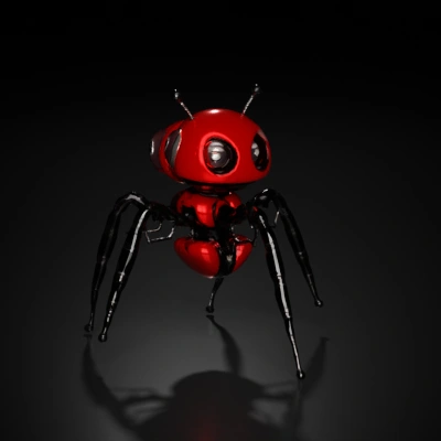 Insect-like robot with antennae, six legs, cartoonish style.
