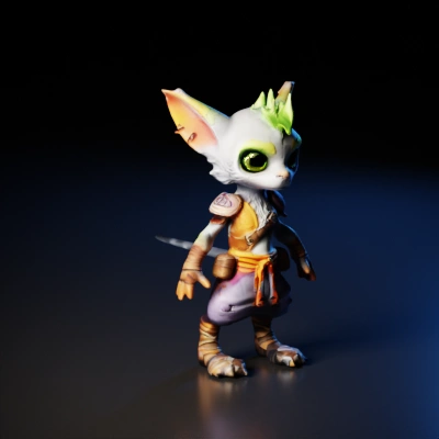 Anthropomorphic alien with oversized ears, detailed clothing.