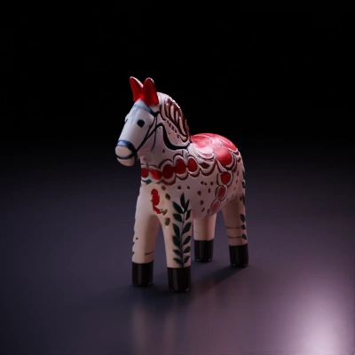 Wooden horse toy with painted patterns.