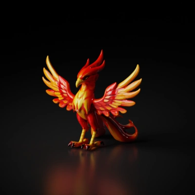 Fantasy phoenix with feathers, wings spread.