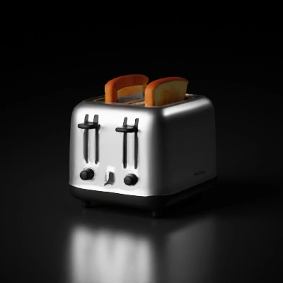 Toaster with two bread slices, metallic design.