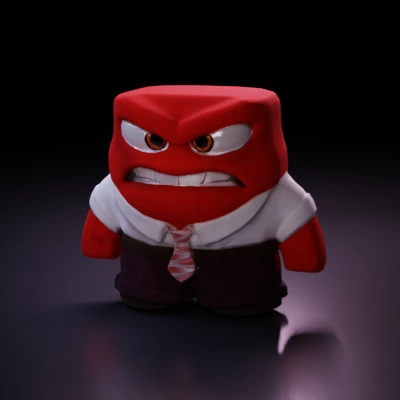 Red cartoon character with a tie, angry expression.