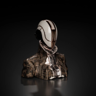 Retro-futuristic humanoid robot with ornate clothing.