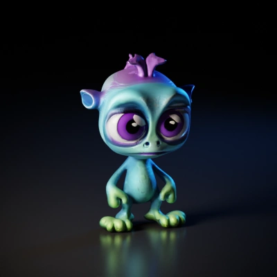 Alien creature with large eyes, small frame, standing posture.