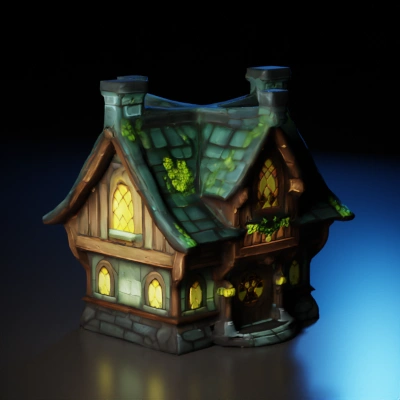 Medieval fantasy house with roof tiles, stone, door, windows in the style of World of Warcraft