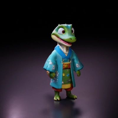 Stylized alligator in traditional clothing.