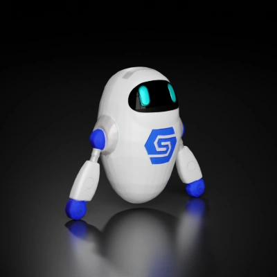 Cute robot with glowing blue eyes.
