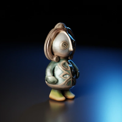 Small humanoid figurine with intricate details, tribal aesthetics.