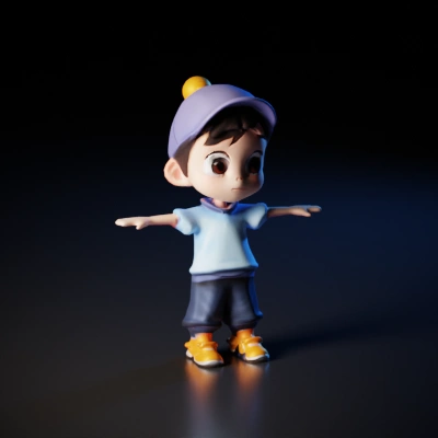 Cartoon child character with large eyes, cap, and casual clothes.