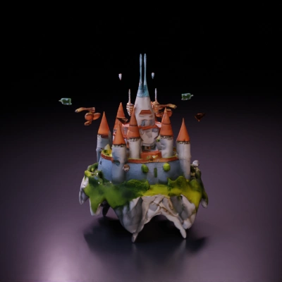 Fairytale castle on a floating island with dragons.