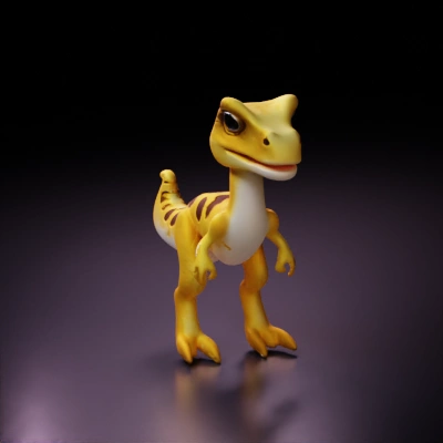 Anthropomorphic dinosaur with large eyes, cartoon style.