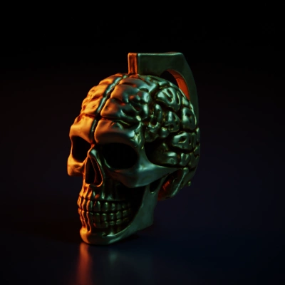 Human skull with exposed brain, pirate hook.