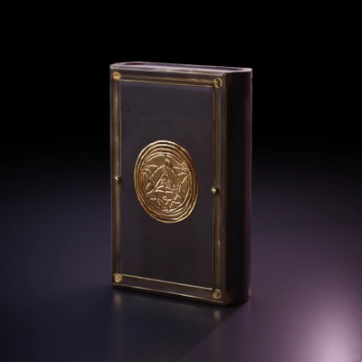 Ornate closed book with embossed emblem.