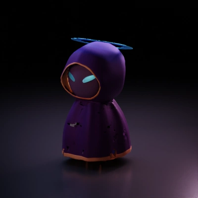 Cute hooded character with glowing eyes.