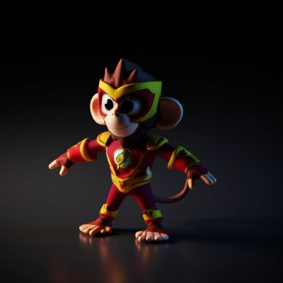 Monkey superhero in red costume, cartoonish.