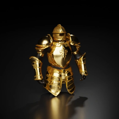 Medieval armor suit with helmet and gauntlets.