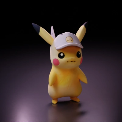 Detective hat, electric mouse Pokémon character.